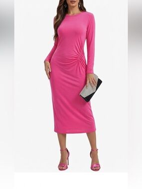 Time and Tru Hot Pink Ruched Long Sleeve Midi Dress Size Large